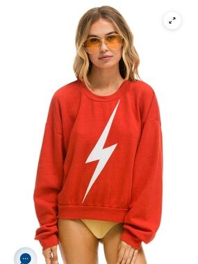 Aviator Nation Red Crewneck with White Lightning Bolt